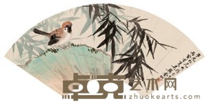 金城 1926年作 竹石小雀 扇面镜心 18X48.5cm